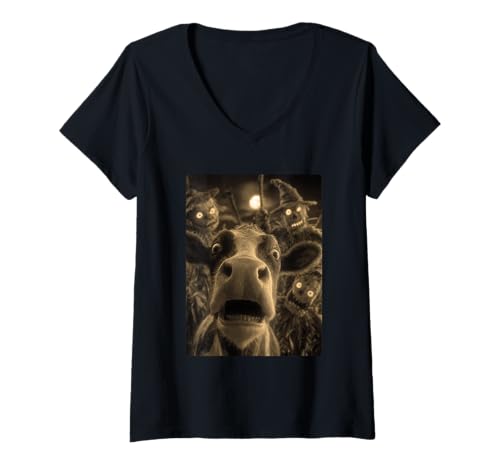 Damen Vintage Kuh Selfie mit gruseligen Vogelscheuchen Halloween Tier T-Shirt mit V-Ausschnitt von Funny Halloween Animals Selfies Clothing