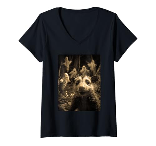 Damen Vintage Opossum Selfie mit Geistern Spukwald Halloween T-Shirt mit V-Ausschnitt Damen Vintage Opossum Selfie mit Geistern Spukwald Halloween T-Shirt mit V-Ausschnitt von Funny Halloween Animals Selfies Clothing