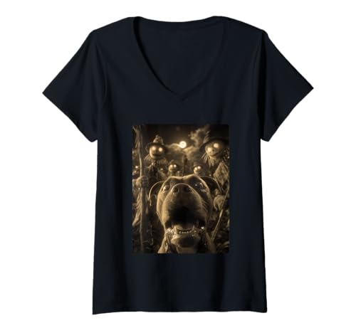 Damen Vintage Pit Bull Selfie mit gruseligen Vogelscheuchen Halloween Hund T-Shirt mit V-Ausschnitt Damen Vintage Pit Bull Selfie mit gruseligen Vogelscheuchen Halloween Hund T-Shirt mit V-Ausschnitt von Funny Halloween Animals Selfies Clothing