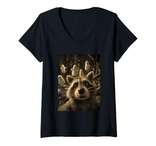 Damen Vintage Waschbär Selfie mit Geistern Spukwald Halloween T-Shirt mit V-Ausschnitt Damen Vintage Waschbär Selfie mit Geistern Spukwald Halloween T-Shirt mit V-Ausschnitt von Funny Halloween Animals Selfies Clothing