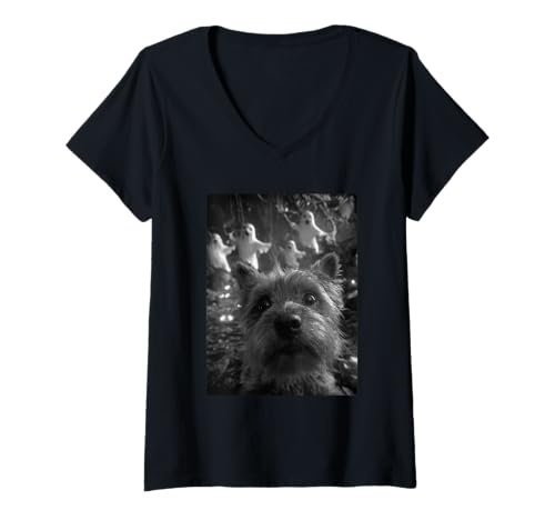 Damen Yorkshire Terrier Selfie Geister Spukwald Halloween Hund T-Shirt mit V-Ausschnitt Damen Yorkshire Terrier Selfie Geister Spukwald Halloween Hund T-Shirt mit V-Ausschnitt von Funny Halloween Animals Selfies Clothing