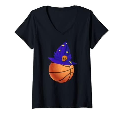 Damen Basketball-Zauberer-Hut Basketball-Liebhaber Halloween T-Shirt mit V-Ausschnitt Damen Basketball-Zauberer-Hut Basketball-Liebhaber Halloween T-Shirt mit V-Ausschnitt von Funny Halloween Basketballer B-ball Fans