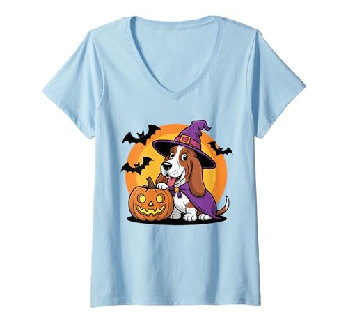 Damen Kürbis Fledermaus Hexe gruseliger Hund, süßer Basset Hound Halloween T-Shirt mit V-Ausschnitt Damen Kürbis Fledermaus Hexe gruseliger Hund, süßer Basset Hound Halloween T-Shirt mit V-Ausschnitt von Funny Halloween Basset Hound Costume Gifts