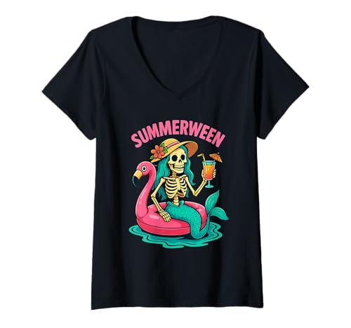 Damen Happy Summerween Skeleton Mermaid Pink Flamingo Float Retro T-Shirt mit V-Ausschnitt Damen Happy Summerween Skeleton Mermaid Pink Flamingo Float Retro T-Shirt mit V-Ausschnitt von Funny Halloween Beach Vibes Summer Pool Party Tee