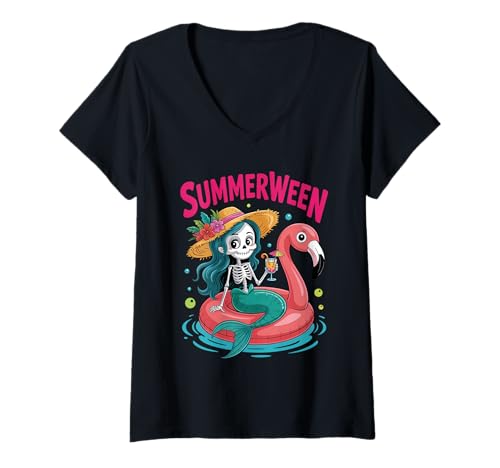 Damen Skeleton Mermaid Floatie Happy Summerween Halloween Spooky T-Shirt mit V-Ausschnitt Damen Skeleton Mermaid Floatie Happy Summerween Halloween Spooky T-Shirt mit V-Ausschnitt von Funny Halloween Beach Vibes Summer Pool Party Tee