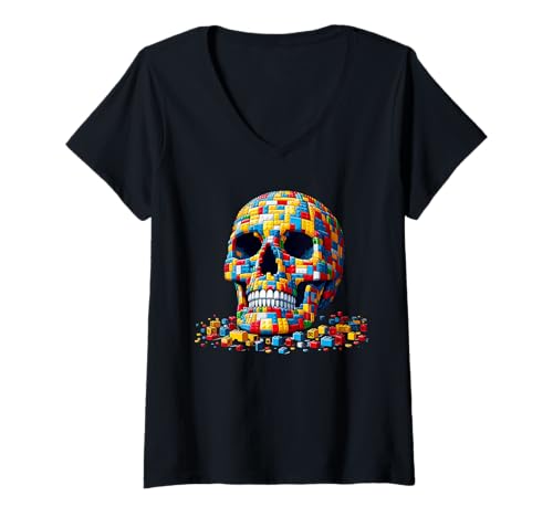 Damen Halloween Master Builder Blocks Bricks Building Skull T-Shirt mit V-Ausschnitt Damen Halloween Master Builder Blocks Bricks Building Skull T-Shirt mit V-Ausschnitt von Funny Halloween Blocks Gifts For Kids & Adults