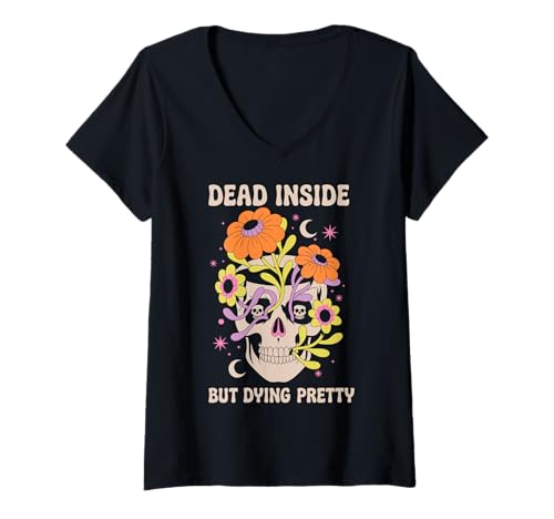 Damen Dead Inside But Dying Pretty Halloween Boho T-Shirt mit V-Ausschnitt Damen Dead Inside But Dying Pretty Halloween Boho T-Shirt mit V-Ausschnitt von Funny Halloween Boho Aesthetic Vibes Skull
