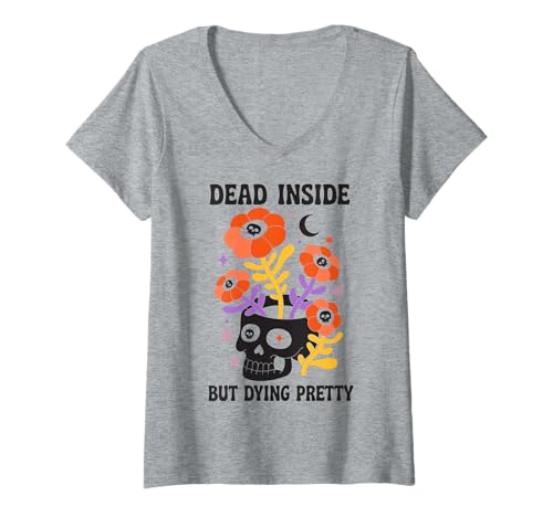 Damen Dead Inside But Dying Pretty Halloween Boho T-Shirt mit V-Ausschnitt Damen Dead Inside But Dying Pretty Halloween Boho T-Shirt mit V-Ausschnitt von Funny Halloween Boho Aesthetic Vibes Skull