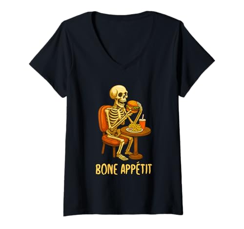 Damen Bone Appétit Funny Halloween Burger Skeleton Eating Burger T-Shirt mit V-Ausschnitt Damen Bone Appétit Funny Halloween Burger Skeleton Eating Burger T-Shirt mit V-Ausschnitt von Funny Halloween Bone Appetit Novelty Tops ...