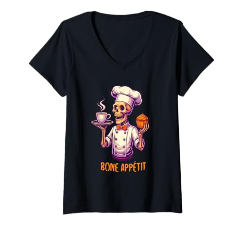Damen Bone Appétit Funny Halloween Skeleton Chef Cooking Cook T-Shirt mit V-Ausschnitt Damen Bone Appétit Funny Halloween Skeleton Chef Cooking Cook T-Shirt mit V-Ausschnitt von Funny Halloween Bone Appetit Novelty Tops ...