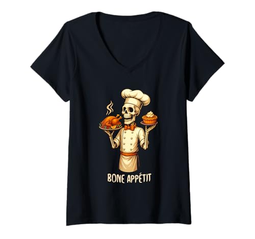 Damen Bone Appétit Funny Halloween Skeleton Chef Thanksgiving Pie T-Shirt mit V-Ausschnitt Damen Bone Appétit Funny Halloween Skeleton Chef Thanksgiving Pie T-Shirt mit V-Ausschnitt von Funny Halloween Bone Appetit Novelty Tops ...