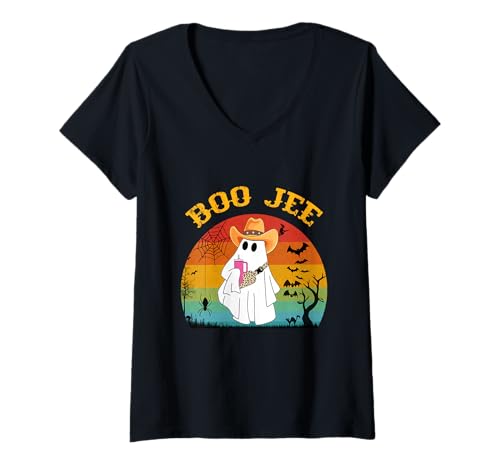 Damen Geist mit Cowboyhut Lustiges Halloween Geist Kostüm Boo JEE T-Shirt mit V-Ausschnitt Damen Geist mit Cowboyhut Lustiges Halloween Geist Kostüm Boo JEE T-Shirt mit V-Ausschnitt von Funny Halloween Boo Ghost Costume Boojee Ghost tee
