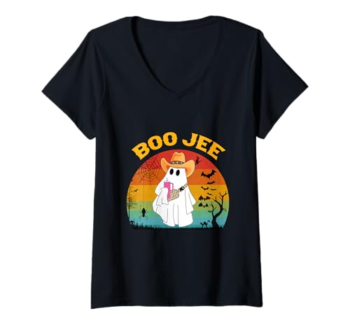Damen Geist mit Cowboyhut Lustiges Halloween Geist Kostüm Boo JEE T-Shirt mit V-Ausschnitt Damen Geist mit Cowboyhut Lustiges Halloween Geist Kostüm Boo JEE T-Shirt mit V-Ausschnitt von Funny Halloween Boo Ghost Costume Boojee Ghost tee