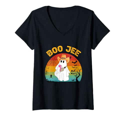 Damen Lustiges Halloween-Geisterkostüm Boo JEE Geist mit Cowboyhut T-Shirt mit V-Ausschnitt Damen Lustiges Halloween-Geisterkostüm Boo JEE Geist mit Cowboyhut T-Shirt mit V-Ausschnitt von Funny Halloween Boo Ghost Costume Boojee Ghost tee