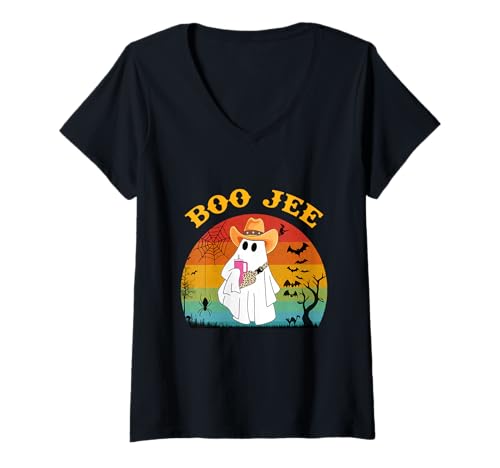 Damen Lustiges Halloween-Geisterkostüm Boo JEE Geist mit Cowboyhut T-Shirt mit V-Ausschnitt Damen Lustiges Halloween-Geisterkostüm Boo JEE Geist mit Cowboyhut T-Shirt mit V-Ausschnitt von Funny Halloween Boo Ghost Costume Boojee Ghost tee
