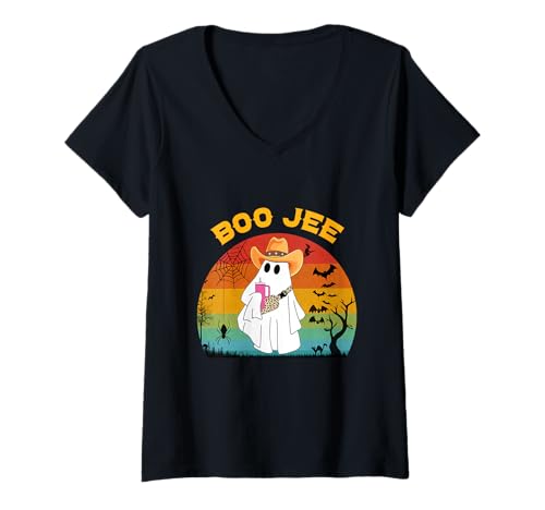 Damen Lustiges Halloween-Geisterkostüm Boo JEE Geist mit Cowboyhut T-Shirt mit V-Ausschnitt Damen Lustiges Halloween-Geisterkostüm Boo JEE Geist mit Cowboyhut T-Shirt mit V-Ausschnitt von Funny Halloween Boo Ghost Costume Boojee Ghost tee