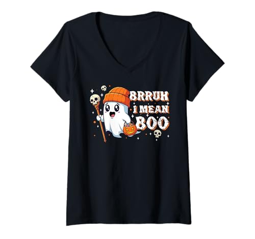 Damen Brrruh Ich Meine Boo Ghost Pumpkin Süßes Kawaii Halloween T-Shirt mit V-Ausschnitt von Funny Halloween Bruh Ghost Spooky Kids Love Candy