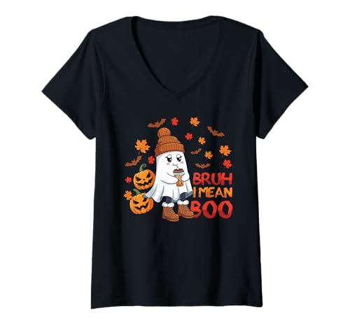 Damen Bruh, ich Meine Boo Ghost Pumpkin, Netter Geist, der Kaffee trinkt T-Shirt mit V-Ausschnitt von Funny Halloween Bruh Ghost Spooky Kids Love Candy