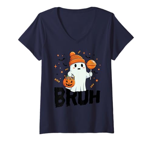 Damen Bruh I Mean Boo Ghost Kürbis Halloween Trick Or Treating T-Shirt mit V-Ausschnitt Damen Bruh I Mean Boo Ghost Kürbis Halloween Trick Or Treating T-Shirt mit V-Ausschnitt von Funny Halloween Bruh Ghost Spooky Kids Love Candy