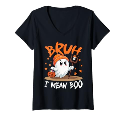 Damen Bruh I Mean Boo Ghost Kürbis Lustiges Halloween Trick Treat T-Shirt mit V-Ausschnitt von Funny Halloween Bruh Ghost Spooky Kids Love Candy
