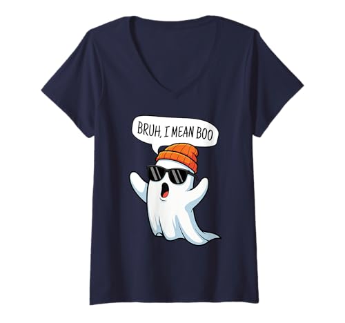 Damen Bruh I Mean Boo Ghost Kürbisfledermaus Süßer Geisterköder Ghul T-Shirt mit V-Ausschnitt von Funny Halloween Bruh Ghost Spooky Kids Love Candy