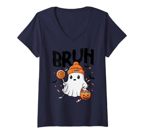 Damen Bruh I Mean Boo Ghost Kürbisfledermaus — Trick oder Treat T-Shirt mit V-Ausschnitt von Funny Halloween Bruh Ghost Spooky Kids Love Candy