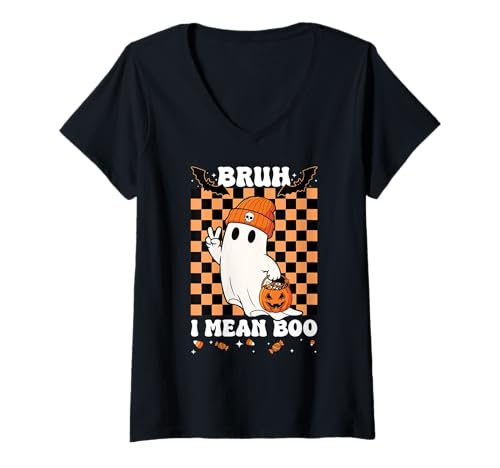 Damen Bruh I Mean Boo Ghost Kürbisfledermaus zum Sammeln von Süßigkeiten T-Shirt mit V-Ausschnitt von Funny Halloween Bruh Ghost Spooky Kids Love Candy