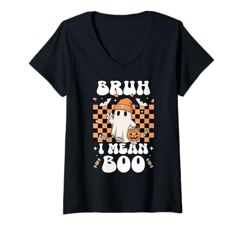 Damen Brush I Mean Boo Ghost Kürbisschläger, Retro-Vintage-Stil, Groovy T-Shirt mit V-Ausschnitt Damen Brush I Mean Boo Ghost Kürbisschläger, Retro-Vintage-Stil, Groovy T-Shirt mit V-Ausschnitt von Funny Halloween Bruh Ghost Spooky Kids Love Candy