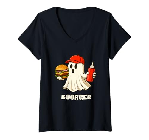 Damen Boorger Halloween Ghost Foodie Halloween Burger Delivery Man T-Shirt mit V-Ausschnitt Damen Boorger Halloween Ghost Foodie Halloween Burger Delivery Man T-Shirt mit V-Ausschnitt von Funny Halloween Burger Novelty Tops ...