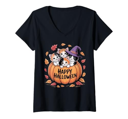 Damen Gruselige süße Halloween-Kätzchen, lustige Kürbis- und Katzenliebhaber T-Shirt mit V-Ausschnitt von Funny Halloween Cat Lover Costume Gifts Idea