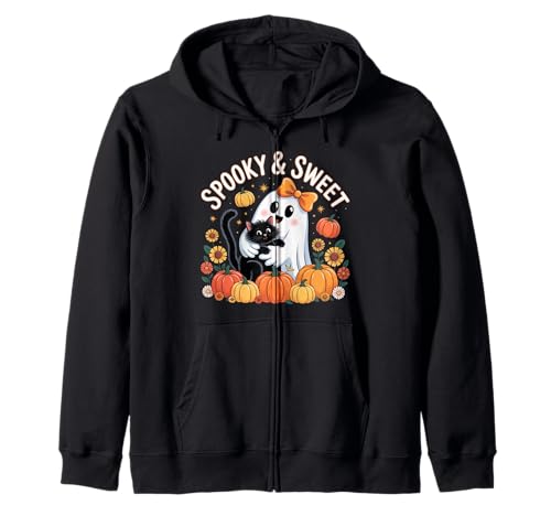 Lustiger Halloween-Geist mit niedlichem Katzengeist mit Kürbis-Blumen für Kinder Kapuzenjacke von Funny Halloween Cat Lover Ghost With Pumpkin