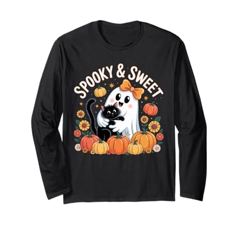 Lustiger Halloween-Geist mit niedlichem Katzengeist mit Kürbis-Blumen für Kinder Langarmshirt von Funny Halloween Cat Lover Ghost With Pumpkin