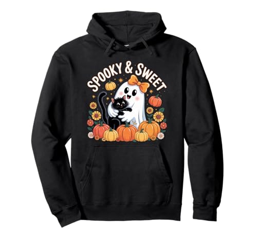 Lustiger Halloween-Geist mit niedlichem Katzengeist mit Kürbis-Blumen für Kinder Pullover Hoodie von Funny Halloween Cat Lover Ghost With Pumpkin