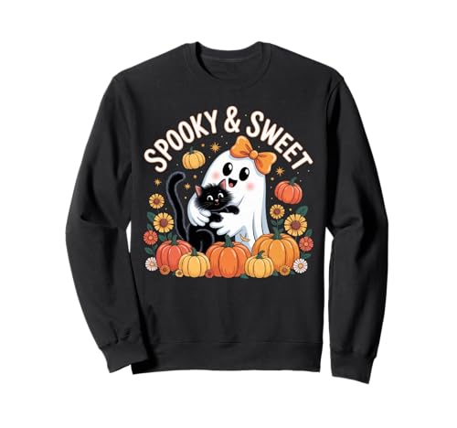 Lustiger Halloween-Geist mit niedlichem Katzengeist mit Kürbis-Blumen für Kinder Sweatshirt von Funny Halloween Cat Lover Ghost With Pumpkin