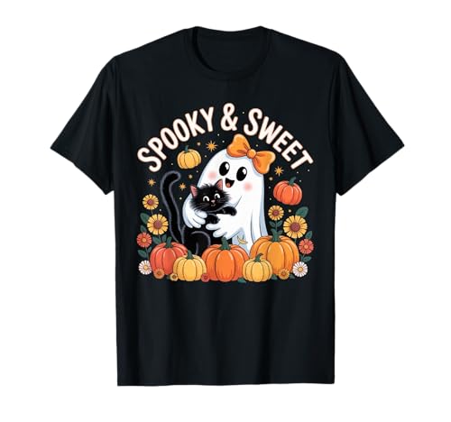 Lustiger Halloween-Geist mit niedlichem Katzengeist mit Kürbis-Blumen für Kinder T-Shirt von Funny Halloween Cat Lover Ghost With Pumpkin