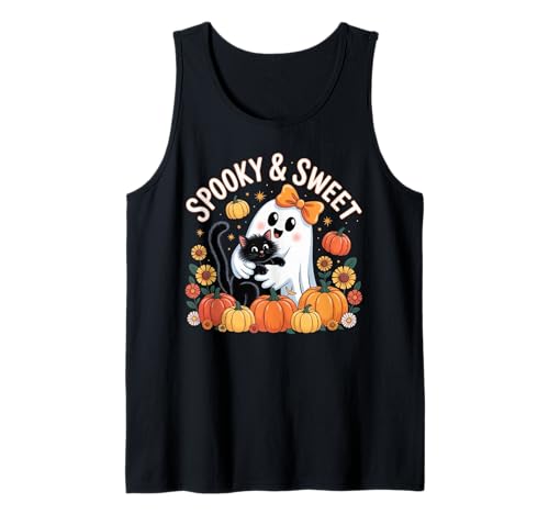 Lustiger Halloween-Geist mit niedlichem Katzengeist mit Kürbis-Blumen für Kinder Tank Top von Funny Halloween Cat Lover Ghost With Pumpkin