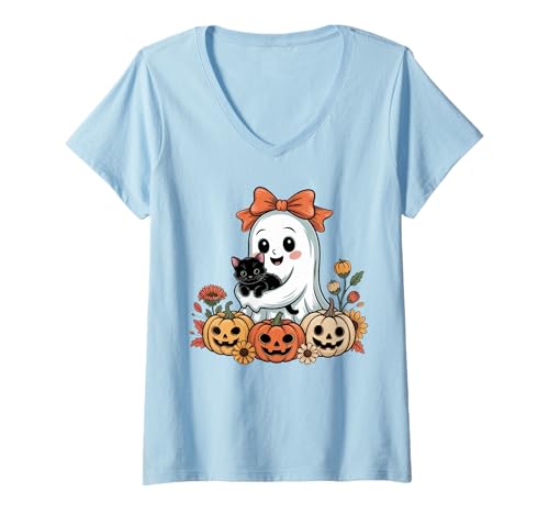 Damen Niedliche Geisterkatze, Herbst-Kürbisse, Blumenmuster, Halloween für Katzenliebhaber T-Shirt mit V-Ausschnitt Damen Niedliche Geisterkatze, Herbst-Kürbisse, Blumenmuster, Halloween für Katzenliebhaber T-Shirt mit V-Ausschnitt von Funny Halloween Cat Lovers Costume Gifts Idea