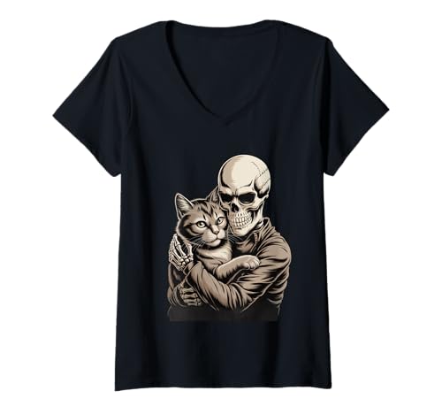 Damen Skelett Umarmende Katze Halloween Gruselige Katzenliebhaber Kostüm T-Shirt mit V-Ausschnitt von Funny Halloween Cat Lovers Gothic Skeleton Costume