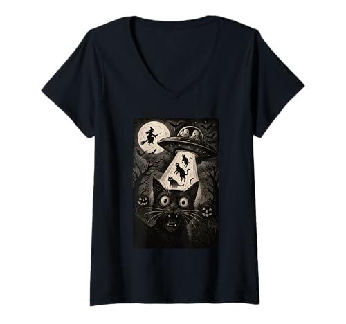 Damen Halloween Katze Selfie Gruselige Alien Entführung Katzen UFO Fliegen T-Shirt mit V-Ausschnitt Damen Halloween Katze Selfie Gruselige Alien Entführung Katzen UFO Fliegen T-Shirt mit V-Ausschnitt von Funny Halloween Cat Selfie Alien Abduction Cat UFO