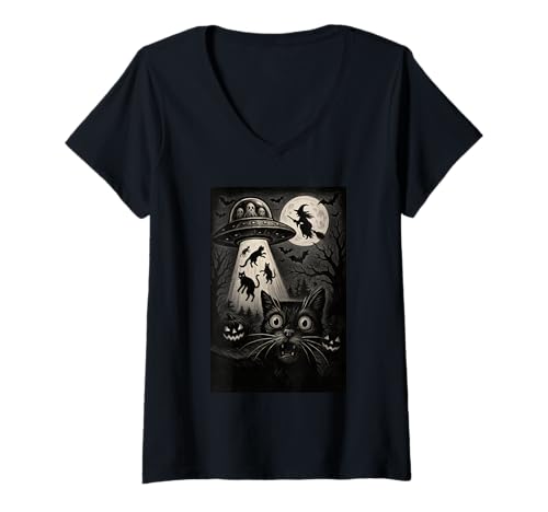 Damen Halloween Katze Selfie Gruselige Alien Entführung Katzen UFO Fliegen T-Shirt mit V-Ausschnitt Damen Halloween Katze Selfie Gruselige Alien Entführung Katzen UFO Fliegen T-Shirt mit V-Ausschnitt von Funny Halloween Cat Selfie Alien Abduction Cat UFO