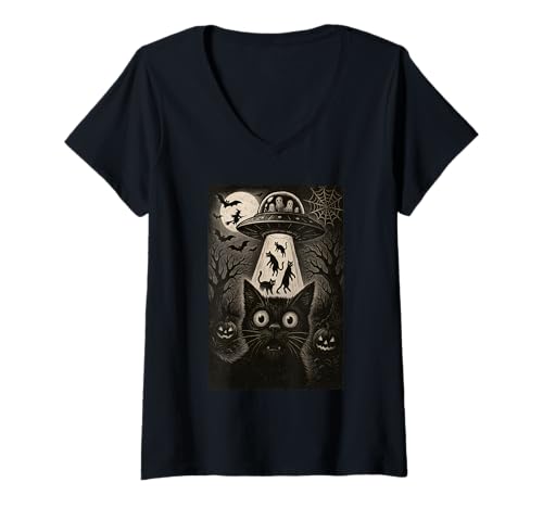 Damen Halloween Katze Selfie Gruselige Alien Entführung Katzen UFO Fliegen T-Shirt mit V-Ausschnitt Damen Halloween Katze Selfie Gruselige Alien Entführung Katzen UFO Fliegen T-Shirt mit V-Ausschnitt von Funny Halloween Cat Selfie Alien Abduction Cat UFO