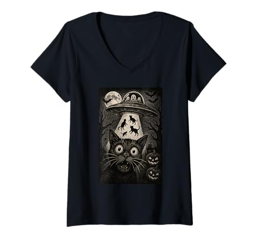 Damen Halloween Katze Selfie Gruselige Alien Entführung Katzen UFO Fliegen T-Shirt mit V-Ausschnitt Damen Halloween Katze Selfie Gruselige Alien Entführung Katzen UFO Fliegen T-Shirt mit V-Ausschnitt von Funny Halloween Cat Selfie Alien Abduction Cat UFO