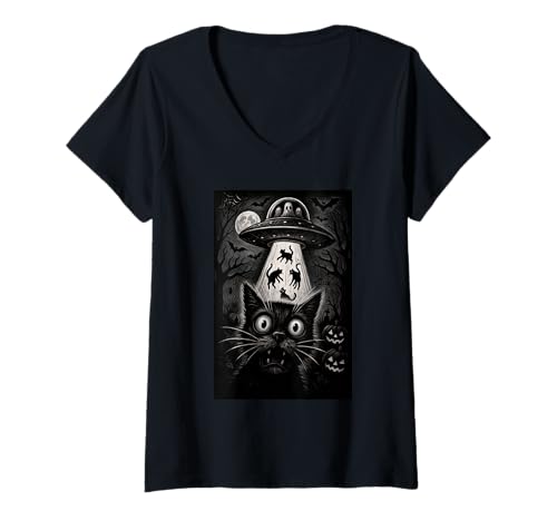Damen Halloween Katze Selfie Gruselige Alien Entführung Katzen UFO Fliegen T-Shirt mit V-Ausschnitt Damen Halloween Katze Selfie Gruselige Alien Entführung Katzen UFO Fliegen T-Shirt mit V-Ausschnitt von Funny Halloween Cat Selfie Alien Abduction Cat UFO