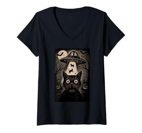 Damen Halloween Katze Selfie Gruselige Alien Entführung Katzen UFO Fliegen T-Shirt mit V-Ausschnitt Damen Halloween Katze Selfie Gruselige Alien Entführung Katzen UFO Fliegen T-Shirt mit V-Ausschnitt von Funny Halloween Cat Selfie Alien Abduction Cat UFO