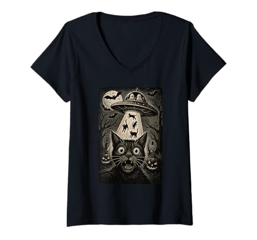 Damen Halloween Katze Selfie Gruselige Alien Entführung Katzen UFO Fliegen T-Shirt mit V-Ausschnitt Damen Halloween Katze Selfie Gruselige Alien Entführung Katzen UFO Fliegen T-Shirt mit V-Ausschnitt von Funny Halloween Cat Selfie Alien Abduction Cat UFO