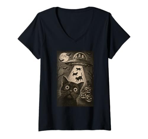 Damen Halloween Katze Selfie Gruselige Alien Entführung Katzen UFO Fliegen T-Shirt mit V-Ausschnitt Damen Halloween Katze Selfie Gruselige Alien Entführung Katzen UFO Fliegen T-Shirt mit V-Ausschnitt von Funny Halloween Cat Selfie Alien Abduction Cat UFO