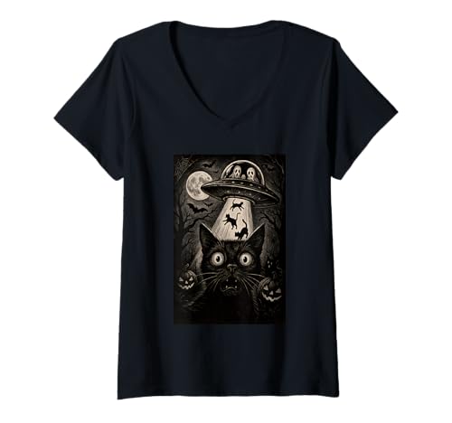 Damen Halloween Katze Selfie Gruselige Alien Entführung Katzen UFO Fliegen T-Shirt mit V-Ausschnitt Damen Halloween Katze Selfie Gruselige Alien Entführung Katzen UFO Fliegen T-Shirt mit V-Ausschnitt von Funny Halloween Cat Selfie Alien Abduction Cat UFO