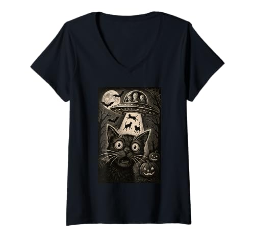 Damen Halloween Katze Selfie Gruselige Alien Entführung Katzen UFO Fliegen T-Shirt mit V-Ausschnitt Damen Halloween Katze Selfie Gruselige Alien Entführung Katzen UFO Fliegen T-Shirt mit V-Ausschnitt von Funny Halloween Cat Selfie Alien Abduction Cat UFO