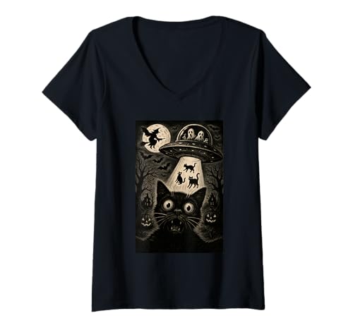 Damen Halloween Katze Selfie Gruselige Alien Entführung Katzen UFO Fliegen T-Shirt mit V-Ausschnitt Damen Halloween Katze Selfie Gruselige Alien Entführung Katzen UFO Fliegen T-Shirt mit V-Ausschnitt von Funny Halloween Cat Selfie Alien Abduction Cat UFO