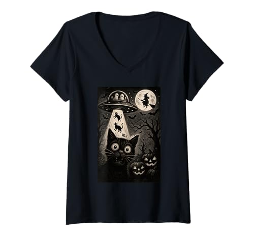 Damen Halloween Katze Selfie Gruselige Alien Entführung Katzen UFO Fliegen T-Shirt mit V-Ausschnitt Damen Halloween Katze Selfie Gruselige Alien Entführung Katzen UFO Fliegen T-Shirt mit V-Ausschnitt von Funny Halloween Cat Selfie Alien Abduction Cat UFO